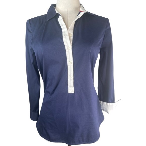 2/$30 ZARA Navy & White Small Button-Up Blouse With 3/4 Sleeves - Picture 1 of 15